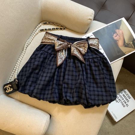 FA45934# 韩系复古减龄格纹百搭花苞裙女秋季新款高腰显瘦短裙配丝巾 服裝批發女裝批發服飾貨源