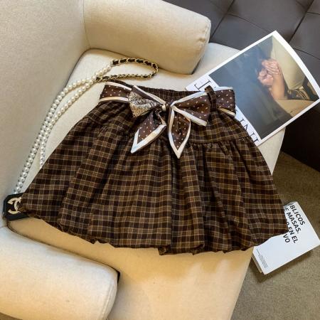 FA45934# 韩系复古减龄格纹百搭花苞裙女秋季新款高腰显瘦短裙配丝巾 服裝批發女裝批發服飾貨源