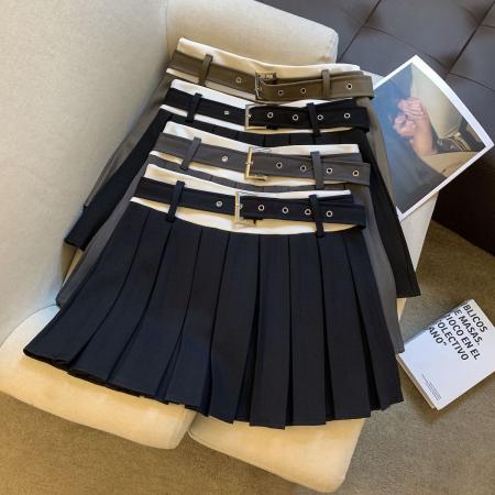 FA45935# 甜美刺绣假两件拼接A字裙女夏季纯欲性感腰带百褶短裙半身裙 服裝批發女裝批發服飾貨源