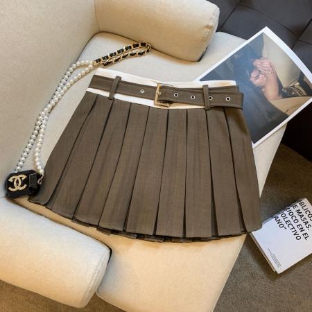 FA45935# 甜美刺绣假两件拼接A字裙女夏季纯欲性感腰带百褶短裙半身裙 服裝批發女裝批發服飾貨源