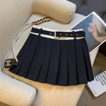 FA45935# 甜美刺绣假两件拼接A字裙女夏季纯欲性感腰带百褶短裙半身裙 服裝批發女裝批發服飾貨源