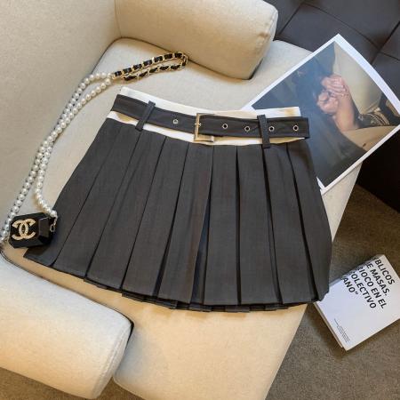 FA45935# 甜美刺绣假两件拼接A字裙女夏季纯欲性感腰带百褶短裙半身裙 服裝批發女裝批發服飾貨源