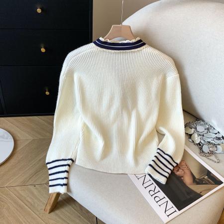 FA45936# 高级感秋冬洋气减龄复古蕾丝拼接洋气毛衣V领内搭女针织衫 服裝批發女裝批發服飾貨源