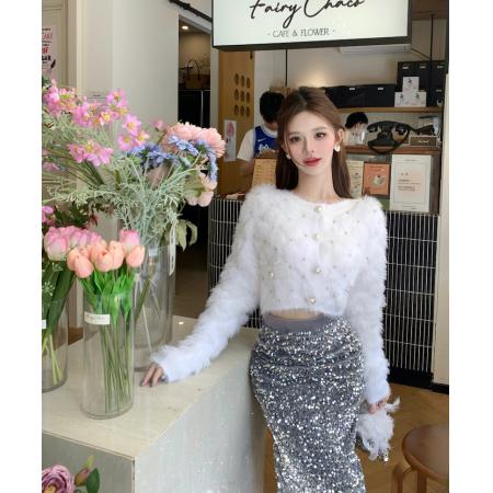 FA45938# 小香风法式名媛水貂绒毛衣女慵懒风长袖针织开衫外套上衣 服裝批發女裝批發服飾貨源