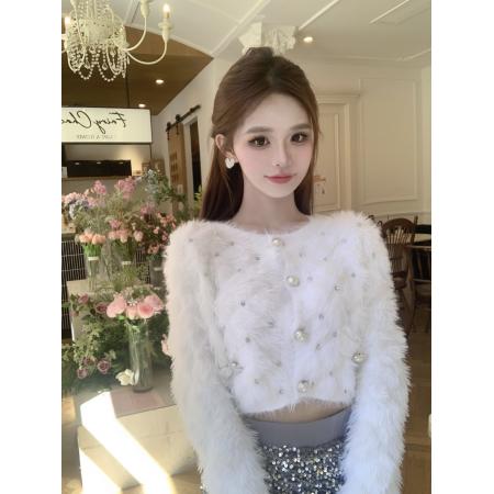 FA45938# 小香风法式名媛水貂绒毛衣女慵懒风长袖针织开衫外套上衣 服裝批發女裝批發服飾貨源