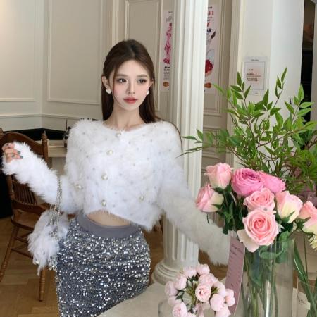 FA45938# 小香风法式名媛水貂绒毛衣女慵懒风长袖针织开衫外套上衣 服裝批發女裝批發服飾貨源