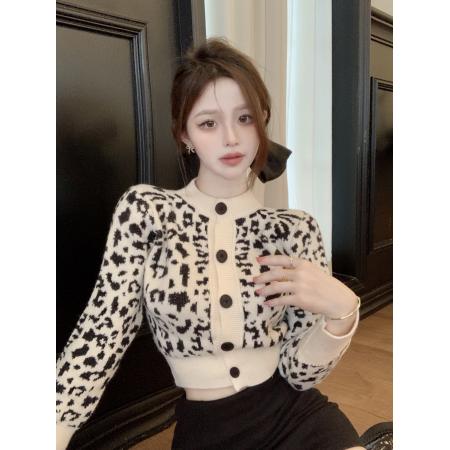 FA45939# 秋装新款时尚高腰短款气质豹纹系扣针织开衫毛衣外套女 服裝批發女裝批發服飾貨源