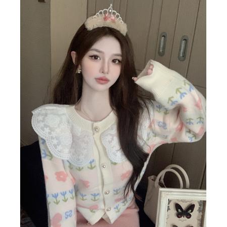 FA45941# 秋冬娃娃领蕾丝长袖毛衣外套女法式小香风甜美宽松减龄上衣 服裝批發女裝批發服飾貨源