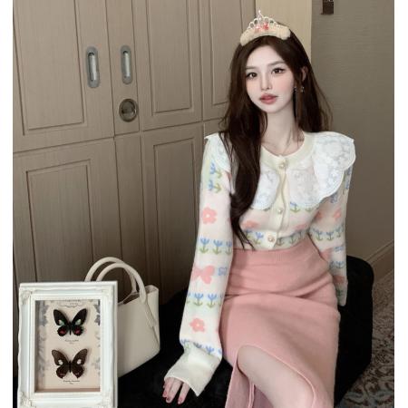 FA45941# 秋冬娃娃领蕾丝长袖毛衣外套女法式小香风甜美宽松减龄上衣 服裝批發女裝批發服飾貨源