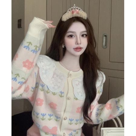 FA45941# 秋冬娃娃领蕾丝长袖毛衣外套女法式小香风甜美宽松减龄上衣 服裝批發女裝批發服飾貨源