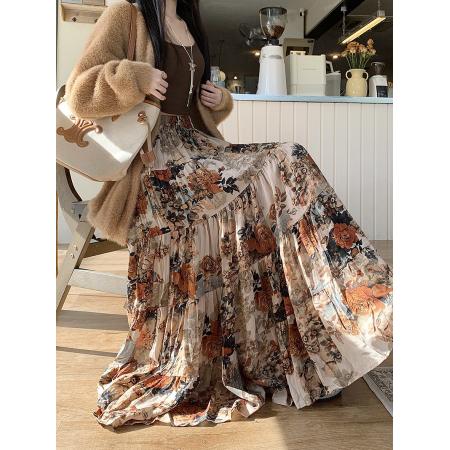 FA45943# 秋季新款韩版百褶裙气质复古垂坠感流浪长裙超大摆裙女 服裝批發女裝批發服飾貨源