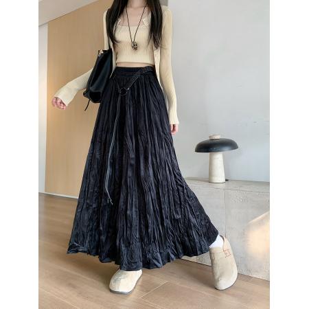 FA45944# 新款韩版褶皱半身裙松紧腰宽松垂感大摆长款a字裙伞裙女 服裝批發女裝批發服飾貨源