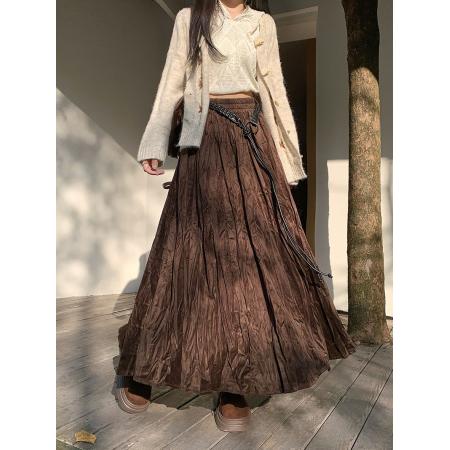 FA45944# 新款韩版褶皱半身裙松紧腰宽松垂感大摆长款a字裙伞裙女 服裝批發女裝批發服飾貨源