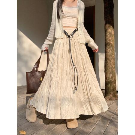 FA45944# 新款韩版褶皱半身裙松紧腰宽松垂感大摆长款a字裙伞裙女 服裝批發女裝批發服飾貨源