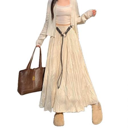 FA45944# 新款韩版褶皱半身裙松紧腰宽松垂感大摆长款a字裙伞裙女 服裝批發女裝批發服飾貨源