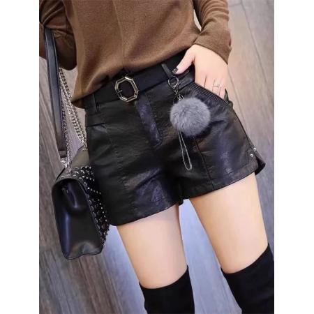 FA45950# 不配腰带辣妹皮短裤女秋冬季低腰显瘦pu阔腿外穿黑色靴裤 服裝批發女裝批發服飾貨源