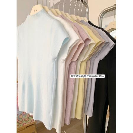 FA45953# 半高领短袖t恤女针织打底衫设计感小众早春内搭白色修身毛衣上衣 服裝批發女裝批發服飾貨源