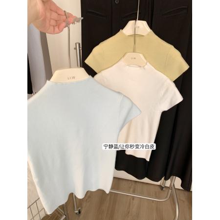 FA45953# 半高领短袖t恤女针织打底衫设计感小众早春内搭白色修身毛衣上衣 服裝批發女裝批發服飾貨源