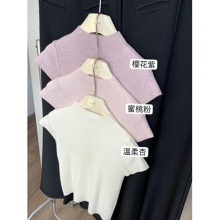 FA45953# 半高领短袖t恤女针织打底衫设计感小众早春内搭白色修身毛衣上衣 服裝批發女裝批發服飾貨源