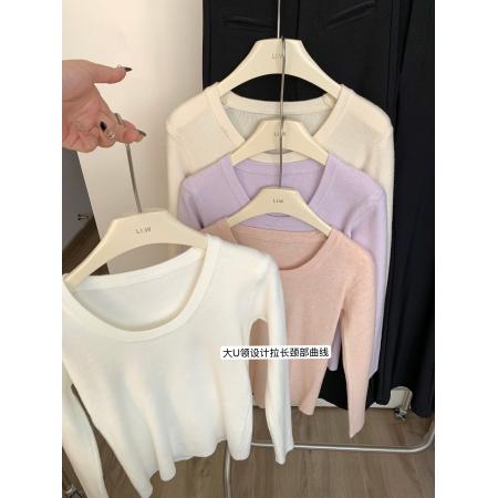 FA45954# 韩系U领内搭长袖针织衫女春季气质时尚温柔设计感软糯上衣 服裝批發女裝批發服飾貨源