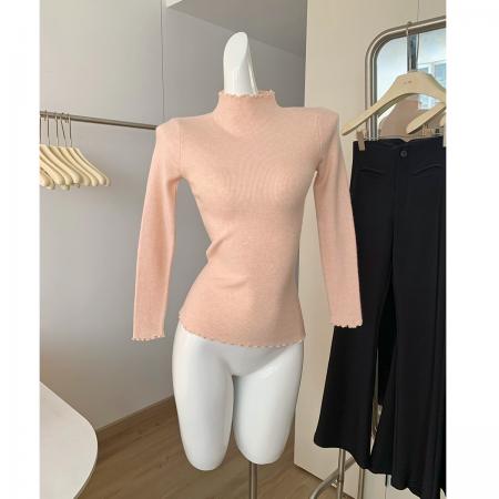 FA45956# 甜桃粉甜美打底衫针织衫女秋季保暖纯色内搭打底衫上衣 服裝批發女裝批發服飾貨源