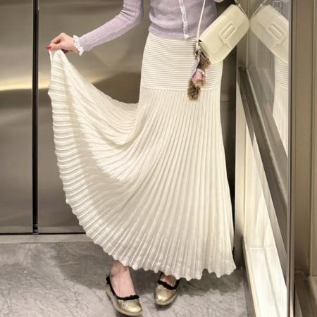 FA45958# 仙气飘飘白色针织a字半身裙女夏新款高腰显瘦垂坠感百褶长裙 服裝批發女裝批發服飾貨源