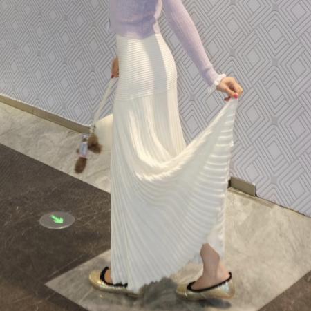 FA45958# 仙气飘飘白色针织a字半身裙女夏新款高腰显瘦垂坠感百褶长裙 服裝批發女裝批發服飾貨源