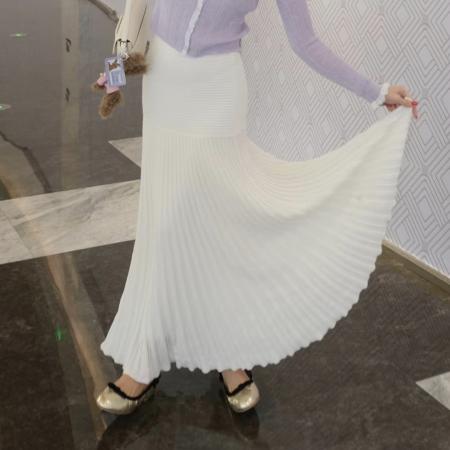 FA45958# 仙气飘飘白色针织a字半身裙女夏新款高腰显瘦垂坠感百褶长裙 服裝批發女裝批發服飾貨源