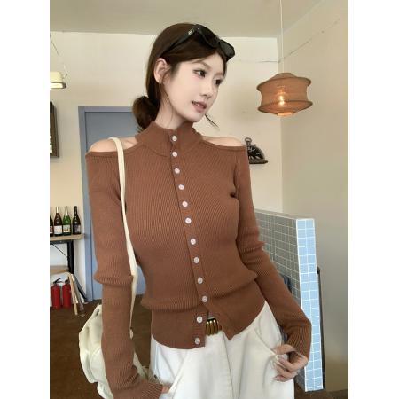 FA45959# 秋冬设计感镂空露肩咖色针织衫女 服裝批發女裝批發服飾貨源