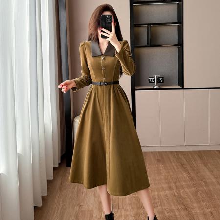 FA45960# 秋冬新款法式绝美气质复古翻领时尚气质显瘦设计师连衣裙 服裝批發女裝批發服飾貨源