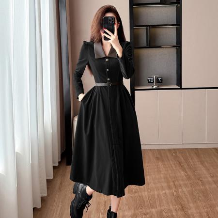 FA45960# 秋冬新款法式绝美气质复古翻领时尚气质显瘦设计师连衣裙 服裝批發女裝批發服飾貨源