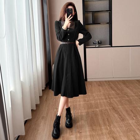 FA45960# 秋冬新款法式绝美气质复古翻领时尚气质显瘦设计师连衣裙 服裝批發女裝批發服飾貨源