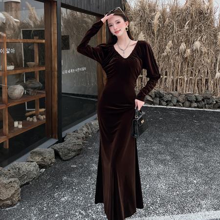 FA45962# 秋冬新款法式气质纯欲风深V领长袖丝绒连衣裙女收腰显瘦长裙ins风 服裝批發女裝批發服飾貨源