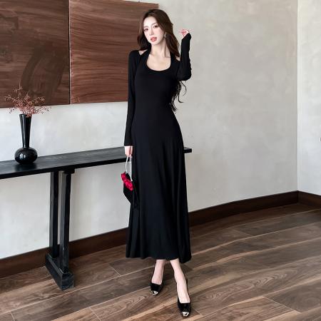FA45963# 法式黑色纯欲挂脖小众设计连衣裙秋冬长袖修身显瘦气质长裙 服裝批發女裝批發服飾貨源