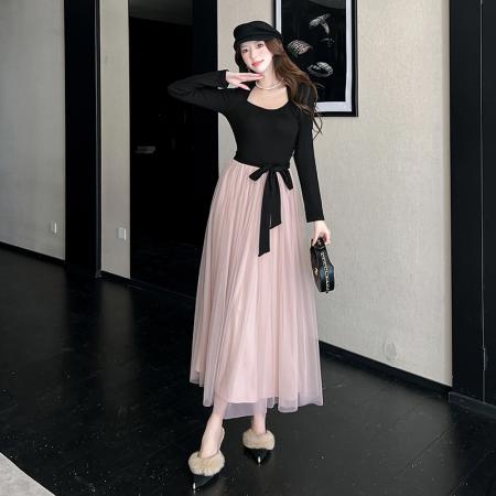 FA45964# 法式温柔风连衣裙撞色拼接生日裙子女秋冬季磨毛系带收腰网纱长裙 服裝批發女裝批發服飾貨源