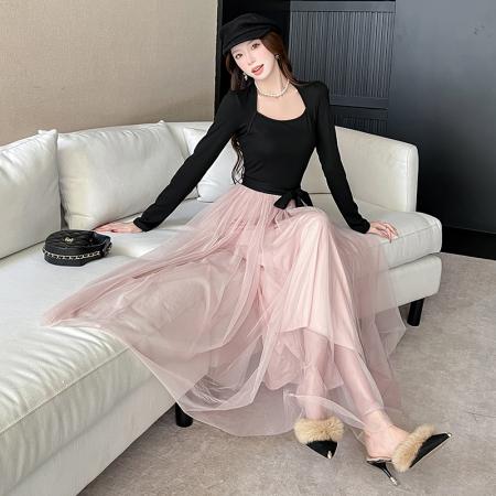 FA45964# 法式温柔风连衣裙撞色拼接生日裙子女秋冬季磨毛系带收腰网纱长裙 服裝批發女裝批發服飾貨源