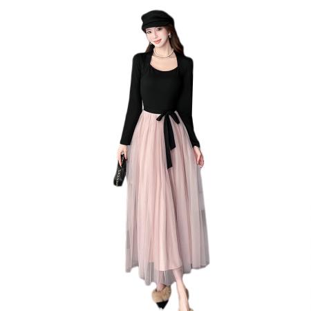 FA45964# 法式温柔风连衣裙撞色拼接生日裙子女秋冬季磨毛系带收腰网纱长裙 服裝批發女裝批發服飾貨源