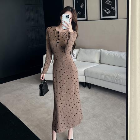 FA45966# 新款纽扣碎花长袖秋冬季蝴蝶结印花连衣裙长袖打底裙 服裝批發女裝批發服飾貨源