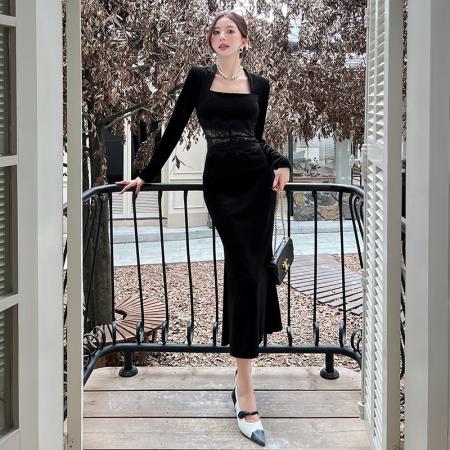 FA45970# 赫本法式蕾丝镂空设计气质修身收腰包臀连衣裙打底裙礼服裙 服裝批發女裝批發服飾貨源