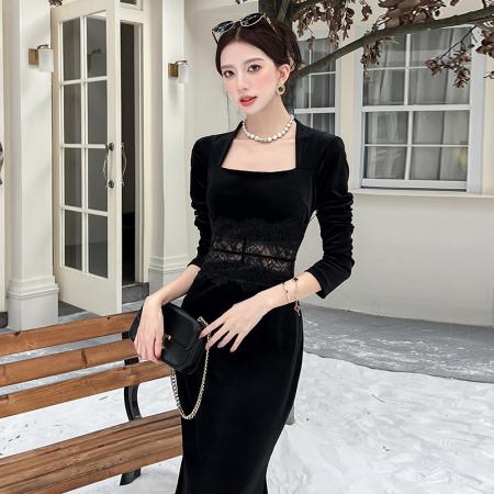 FA45970# 赫本法式蕾丝镂空设计气质修身收腰包臀连衣裙打底裙礼服裙 服裝批發女裝批發服飾貨源