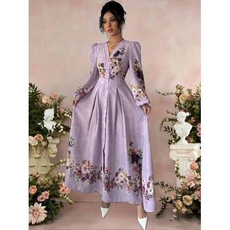 FA45971# 女士优雅花卉印花V领纽扣前开叉灯笼袖腰度假连衣裙 服裝批發女裝批發服飾貨源