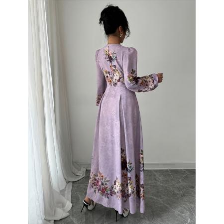 FA45971# 女士优雅花卉印花V领纽扣前开叉灯笼袖腰度假连衣裙 服裝批發女裝批發服飾貨源