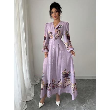 FA45971# 女士优雅花卉印花V领纽扣前开叉灯笼袖腰度假连衣裙 服裝批發女裝批發服飾貨源