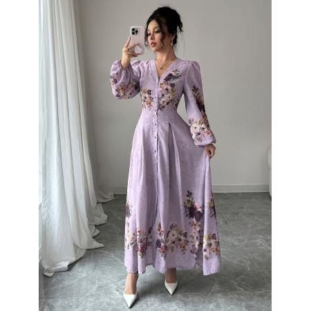 FA45971# 女士优雅花卉印花V领纽扣前开叉灯笼袖腰度假连衣裙 服裝批發女裝批發服飾貨源