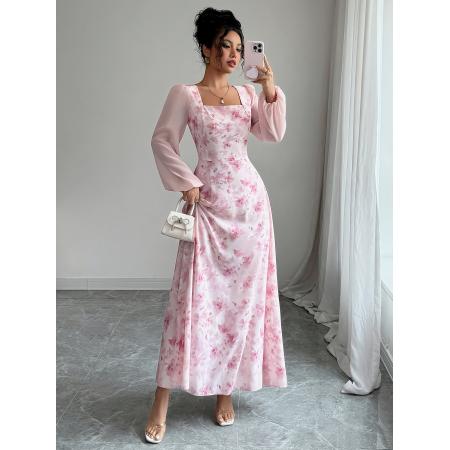 女士法式优雅浪漫花朵印花方领收...