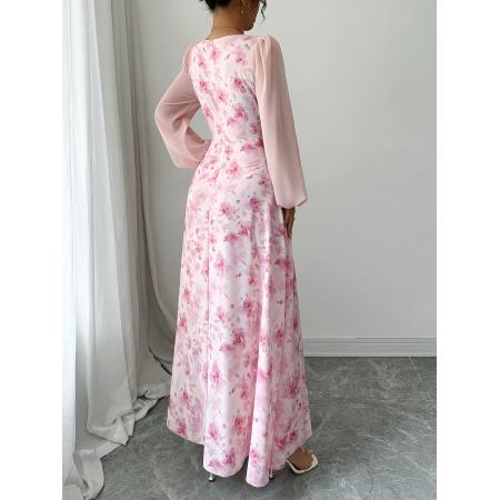 FA45972# 女士法式优雅浪漫花朵印花方领收腰长袖连衣裙适合约会参加婚礼 服裝批發女裝批發服飾貨源