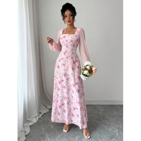 FA45972# 女士法式优雅浪漫花朵印花方领收腰长袖连衣裙适合约会参加婚礼 服裝批發女裝批發服飾貨源