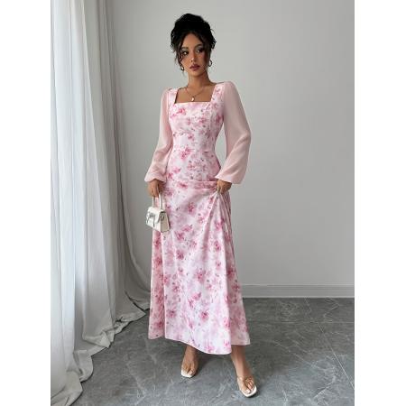 FA45972# 女士法式优雅浪漫花朵印花方领收腰长袖连衣裙适合约会参加婚礼 服裝批發女裝批發服飾貨源