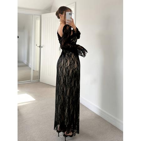 FA45974# 女士秋冬季法式优雅黑色网眼蕾丝不对称肩部收腰A摆长款连衣裙 服裝批發女裝批發服飾貨源