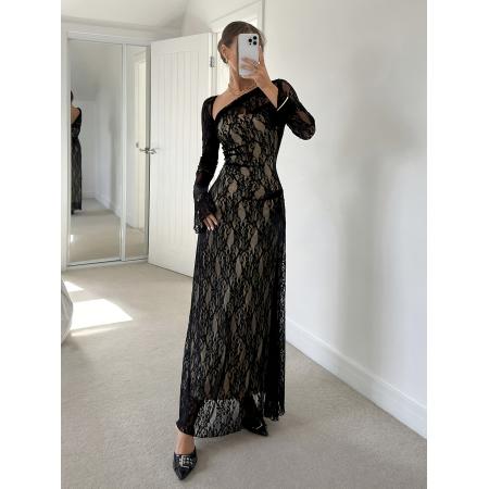 FA45974# 女士秋冬季法式优雅黑色网眼蕾丝不对称肩部收腰A摆长款连衣裙 服裝批發女裝批發服飾貨源